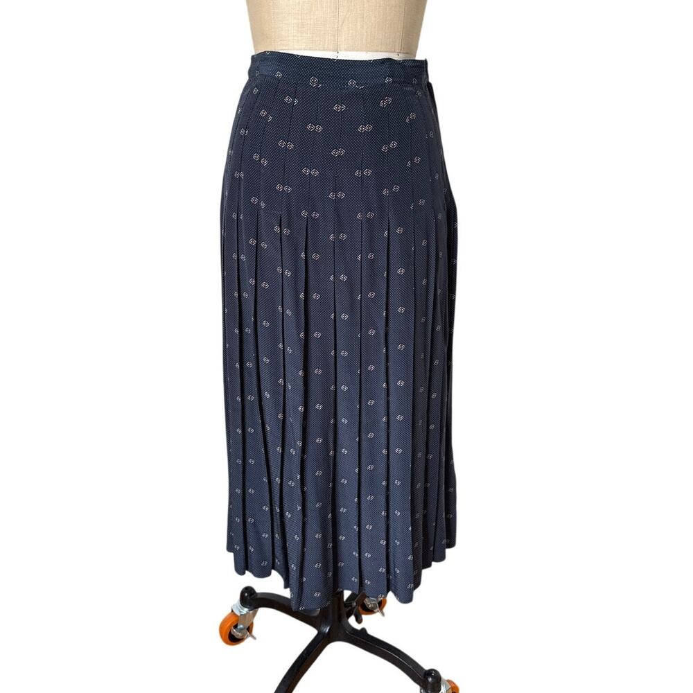 Nordstrom Vintage Silk Pleated Midi Skirt in Navy Geometric Print Size 28 90s